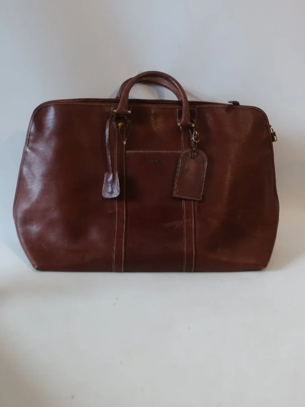 Mens Cole Haan Brown Pebbled Leather Vintage Weekender Duffel Travel Bag